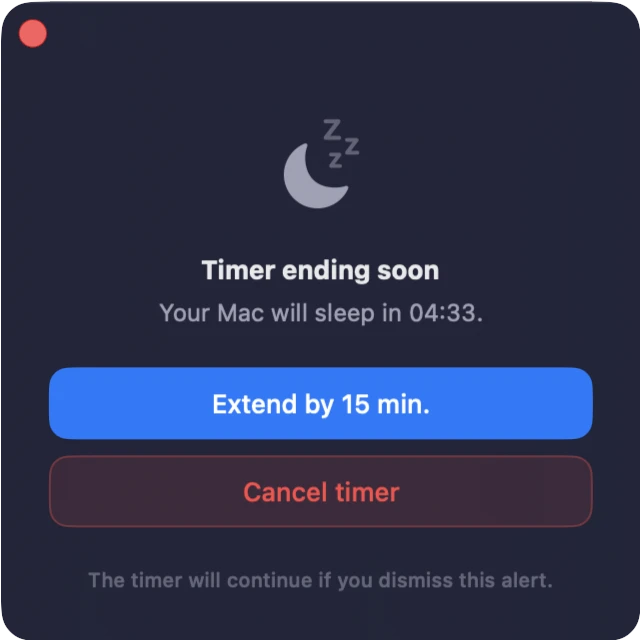 Sleepr's floating alert: your Mac will sleep soon, with Extend and Cancel.