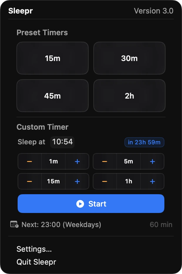 The Sleepr menu: one-tap presets, a custom bedtime, and the next scheduled timer.