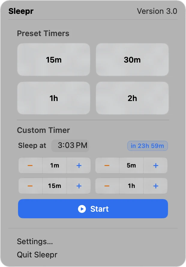 Four preset timers in the Sleepr menu: 15, 30, 60, 120 minutes.