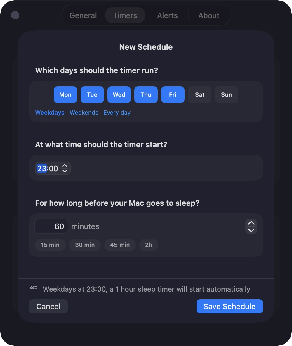 The Sleepr schedule editor: pick days, time, and duration.