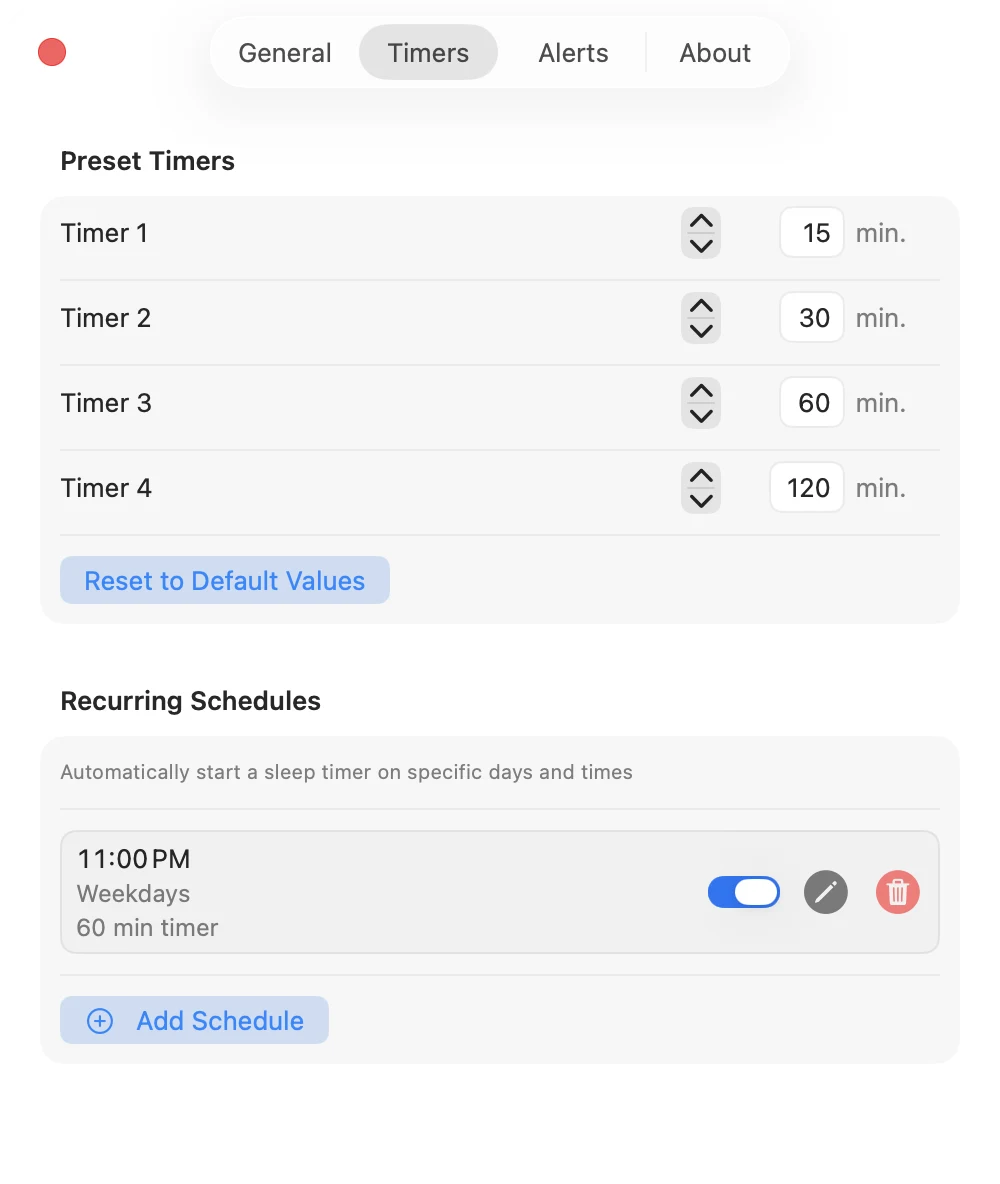 The Sleepr schedule editor: pick days, time, and duration.
