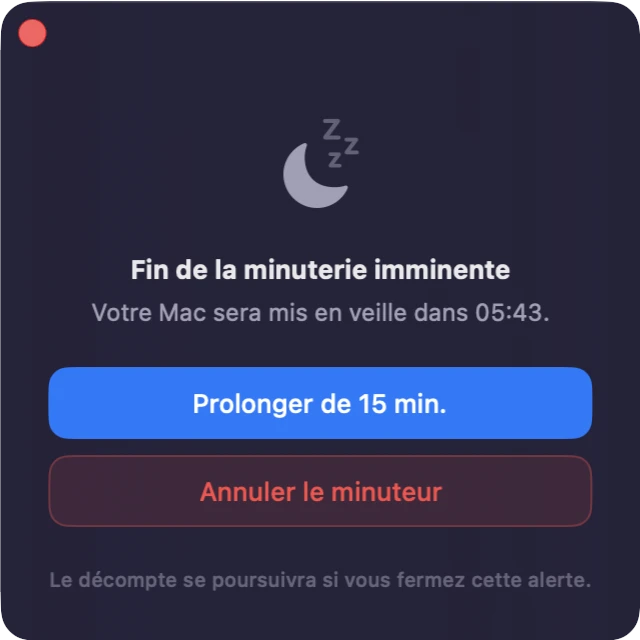 L'alerte flottante de Sleepr : votre Mac va bientôt se mettre en veille, avec Prolonger et Annuler.