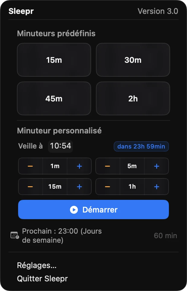 Le menu de Sleepr : préréglages en un clic, une heure précise, et la prochaine programmation.