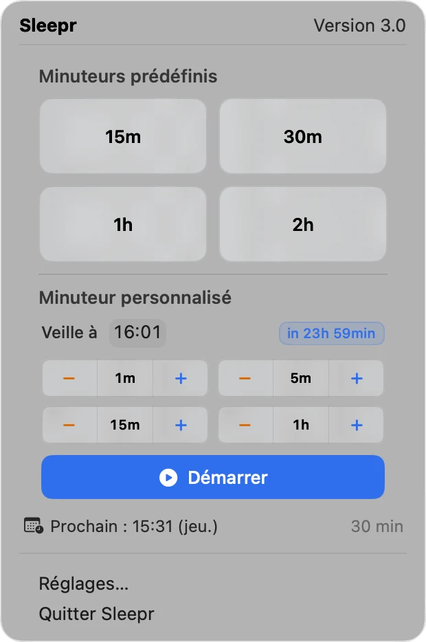 Quatre préréglages dans le menu Sleepr : 15, 30, 60 et 120 minutes.