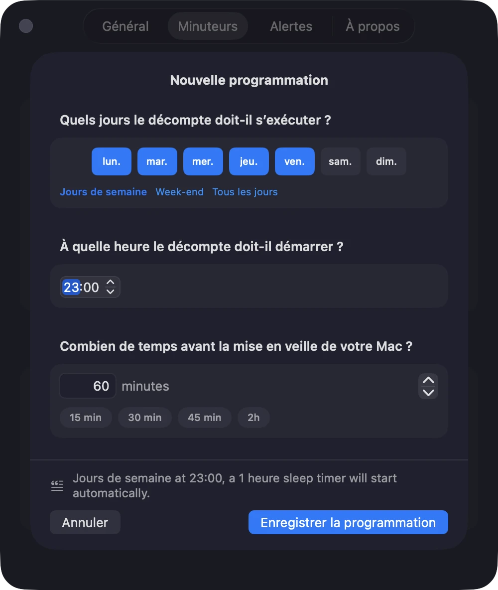 L'éditeur de programmation de Sleepr : jours, heure, durée.