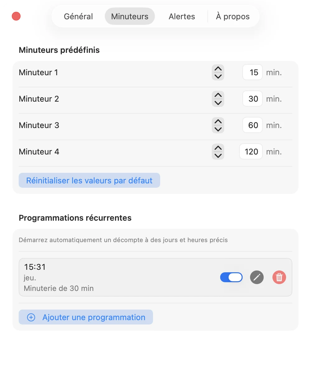 L'éditeur de programmation de Sleepr : jours, heure, durée.